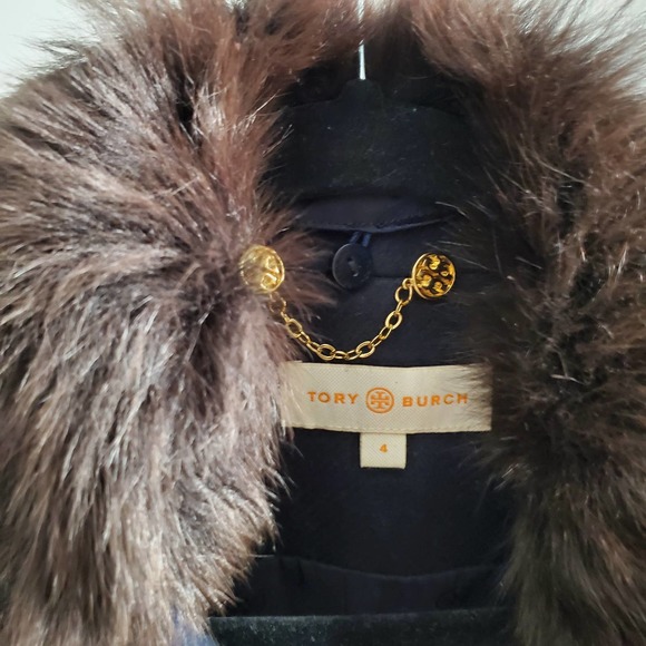 TORY BURCH • Navy Blue Alexandre Removable Fur Trim Pea Coat Sz 4 - Picture 6 of 11